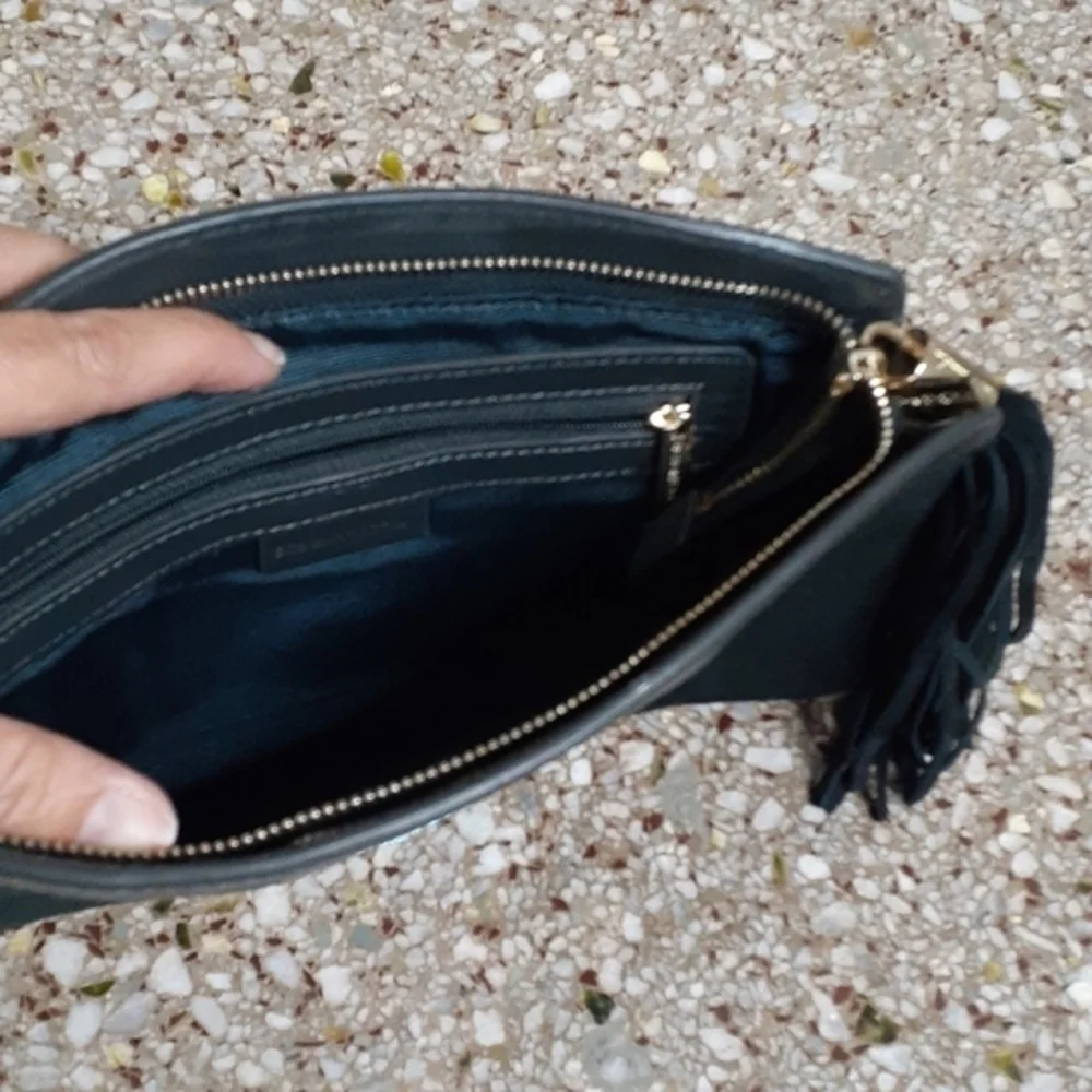 BCBG MAXAZRIA Dark Green Suede Leather & Metal Clutch w Fringe Tassel Accent